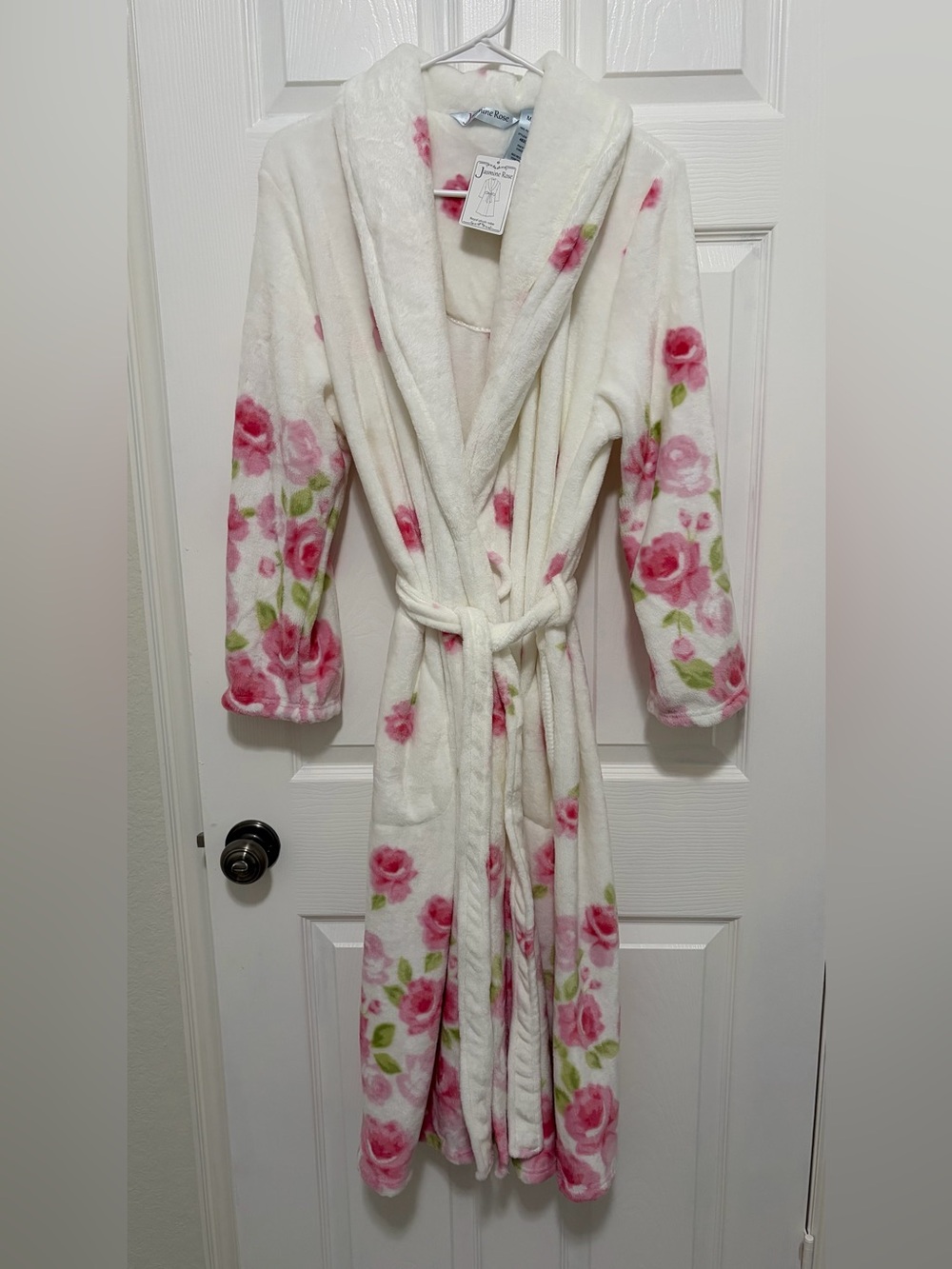 Jasmine Rose Cozy Plush Floral Robe - White with Pink Roses